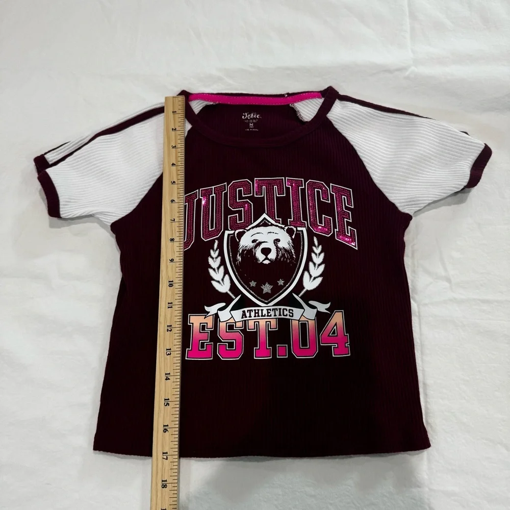 Justice Girls Short Sleeve Maroon and White Ribbed Sweater, Size 10, Fall Shirt